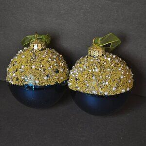 Frontgate Royal Blue Gold Beaded Pearl Glass Ornaments Set Of 2 Luxury 4 Inch